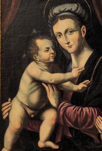 Tableaux et dessins Tableaux XVIe siècle - Vierge à l'enfant, St Jean Baptiste et Sainte Anne, Renaissance Italienne